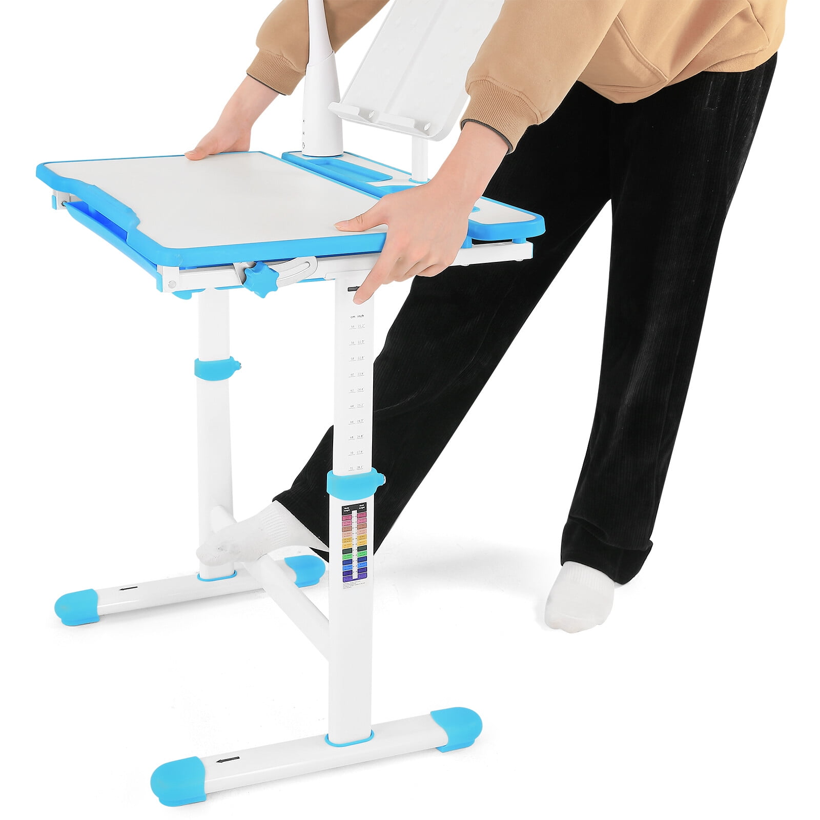 Kids Study Desk and Chair Set Children Height Adjustable Large Writing Board Table with LED Lamp, Drawer, Bookstand (Blue)