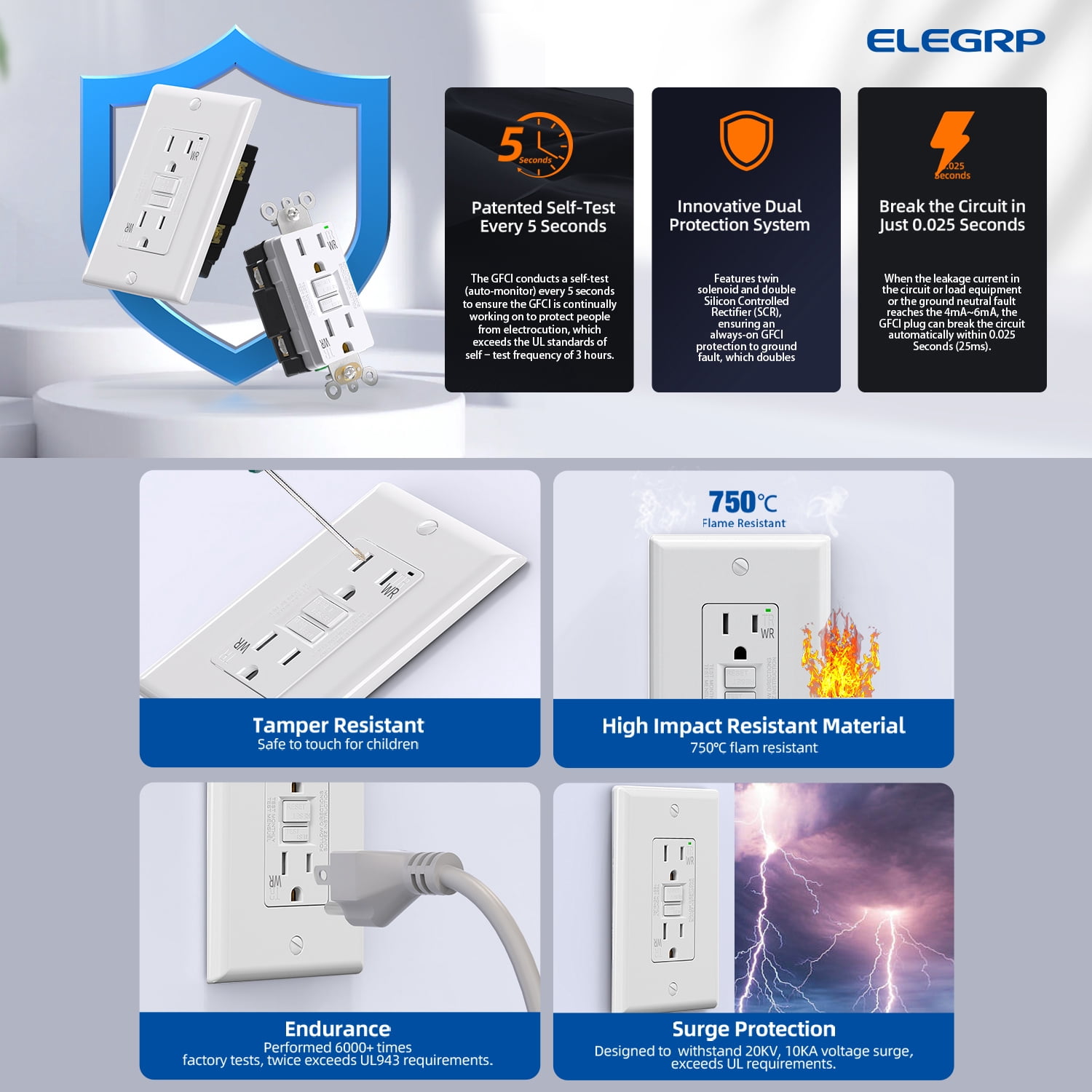 ELEGRP GFCI Outlet Outdoor, 15 Amp Electrical Outlet, Weather & Tamper Resistant GFCI Receptacle, Ground Fault Receptacle with Screwless Wall Plate, UL Listed, White 10PC