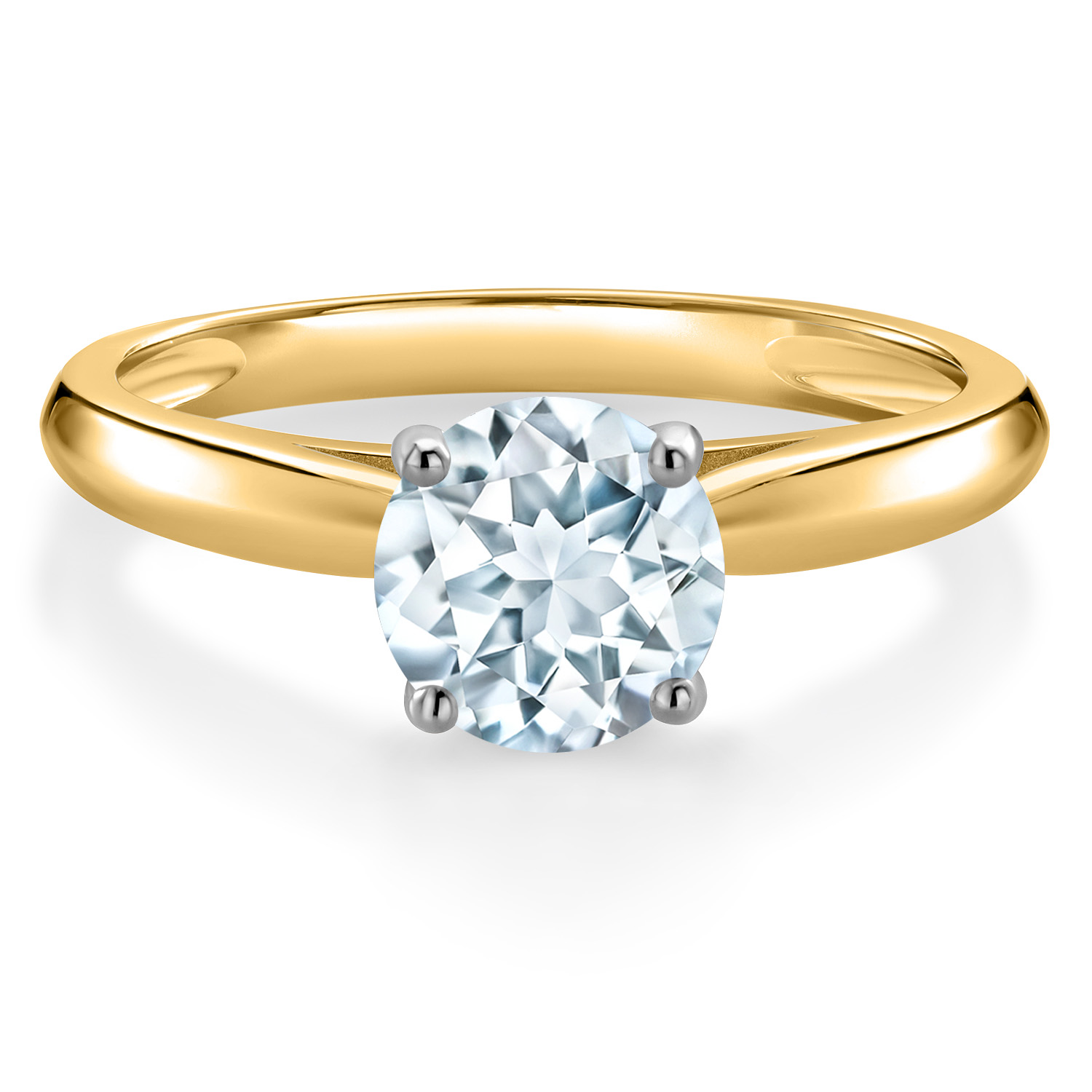 Gem Stone King 10K Two Tone Gold Sky Blue Aquamarine Solitaire Engagement Ring for Women | 0.75 Cttw | Round 6MM | Gemstone March Birthstone | Size 8
