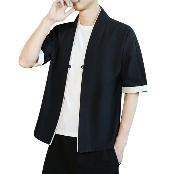 Camisas Para Hombre Manga Larga Novedad de verano, camiseta de manga corta informal bordada de Color sólido de lino para hombre, camiseta de media manga para . (Black, 3XL)
