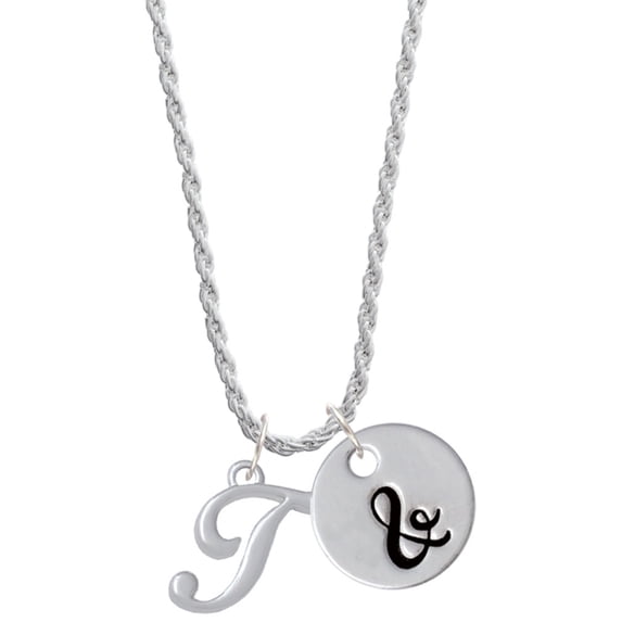 Delight Jewelry Silvertone Small Gelato Script Initial - T - Silvertone Script Initial Disc - & - Charm Necklace, 20"+3"