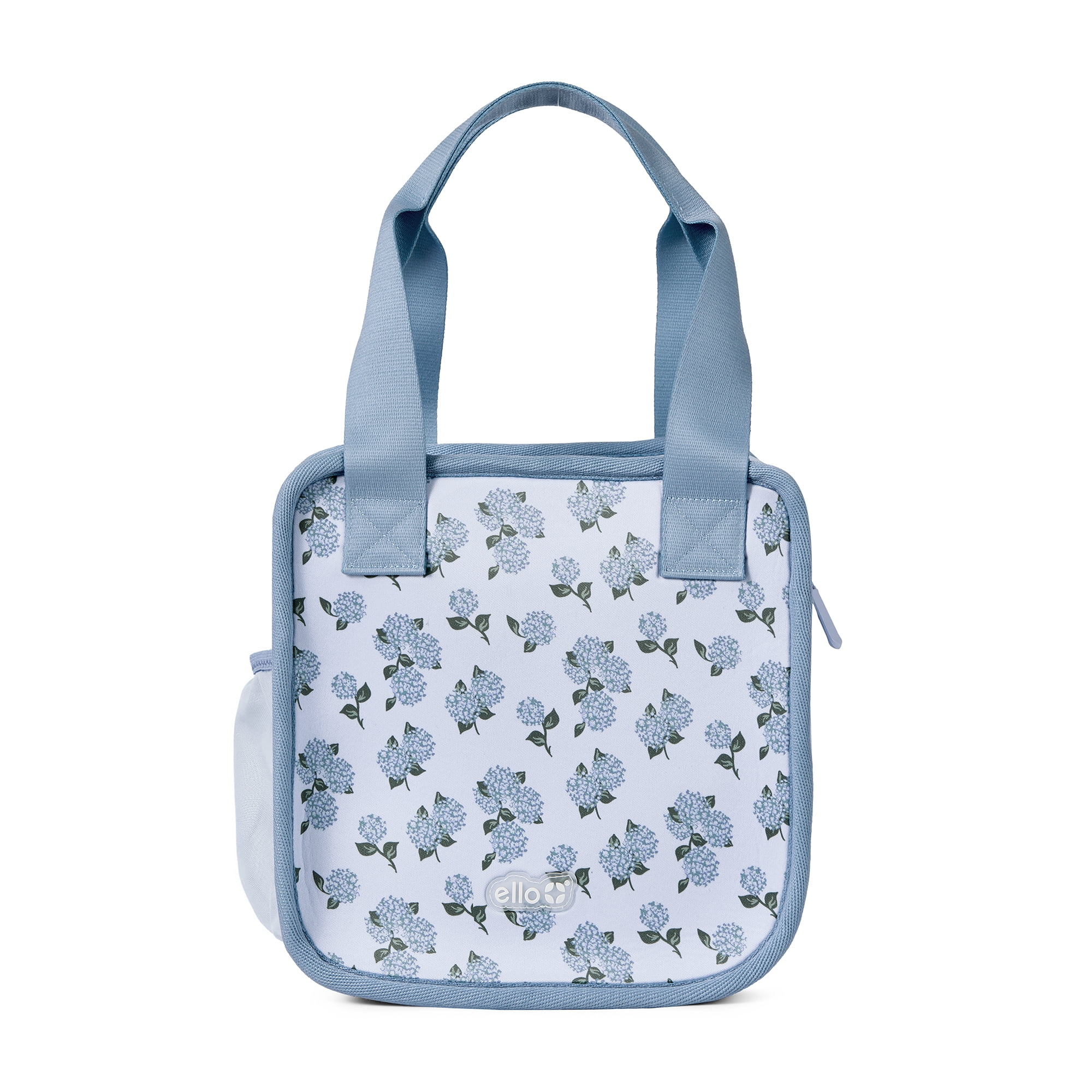 Ello Lunch Tote | Reusable Zippered Lunch Bag | Neoprene, Machine Washable with Pockets | Fits Most Meal Prep Containers | for Work, School & Travel | Blue Hydrangea