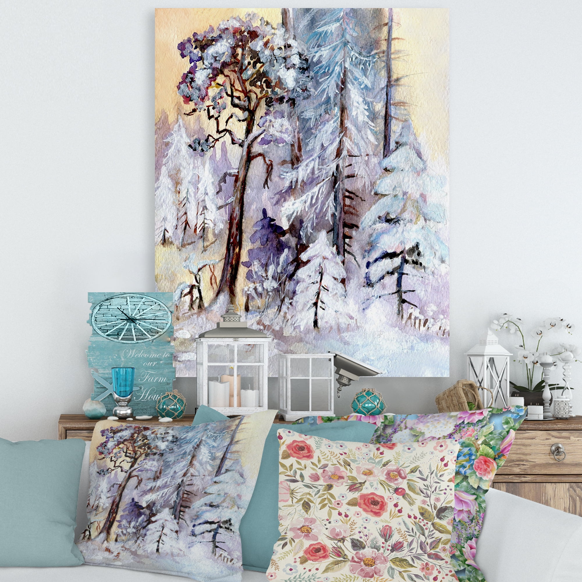 Designart ' The Lake With Winter Snowy Forest ' Lake House Canvas Wall Art Print