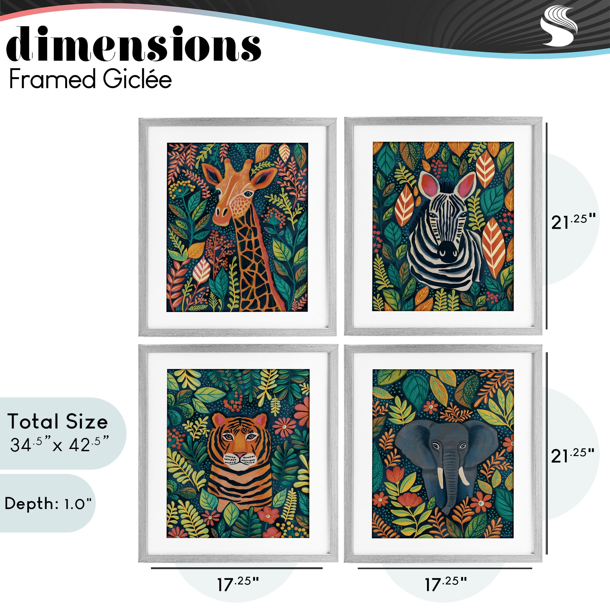 Stupell Industries Jungle Leaf Pattern Animals 4 Piece Gray Framed Print Under Glass Set, design by Lisa R Dumm