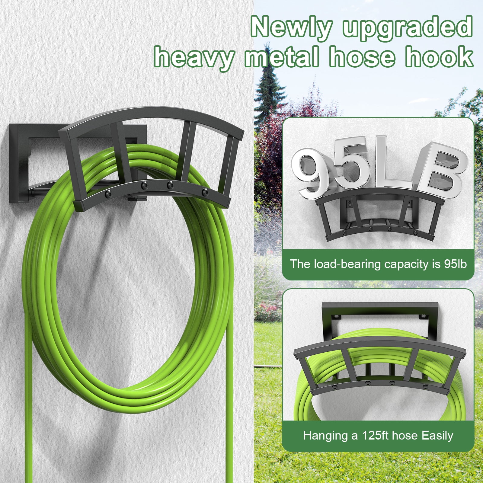OLV Garden Hose Wall Holder,Outdoor Heavy Duty Metal Hanger,Holds 125ft/95lb Water Pipe,Sturdy Detachable Hose Storage Organizer Reel Rack