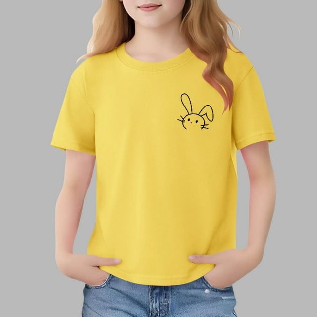 Blusas y camisas de manga corta con cuello redondo para niños Camiseta de verano de manga corta estampada para niñas Jersey elegante de cuello redondo para niñas Top de algodón para niños