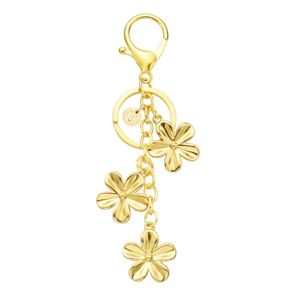 Llavero Inicial de Flor Uxcell, Llavero de Flores Lindas, Encantos de Llavero de Letra, Accesorios de Llavero para Mujeres y Niñas, Bolsos, Carteras, Mochilas, Dorado y Letra U