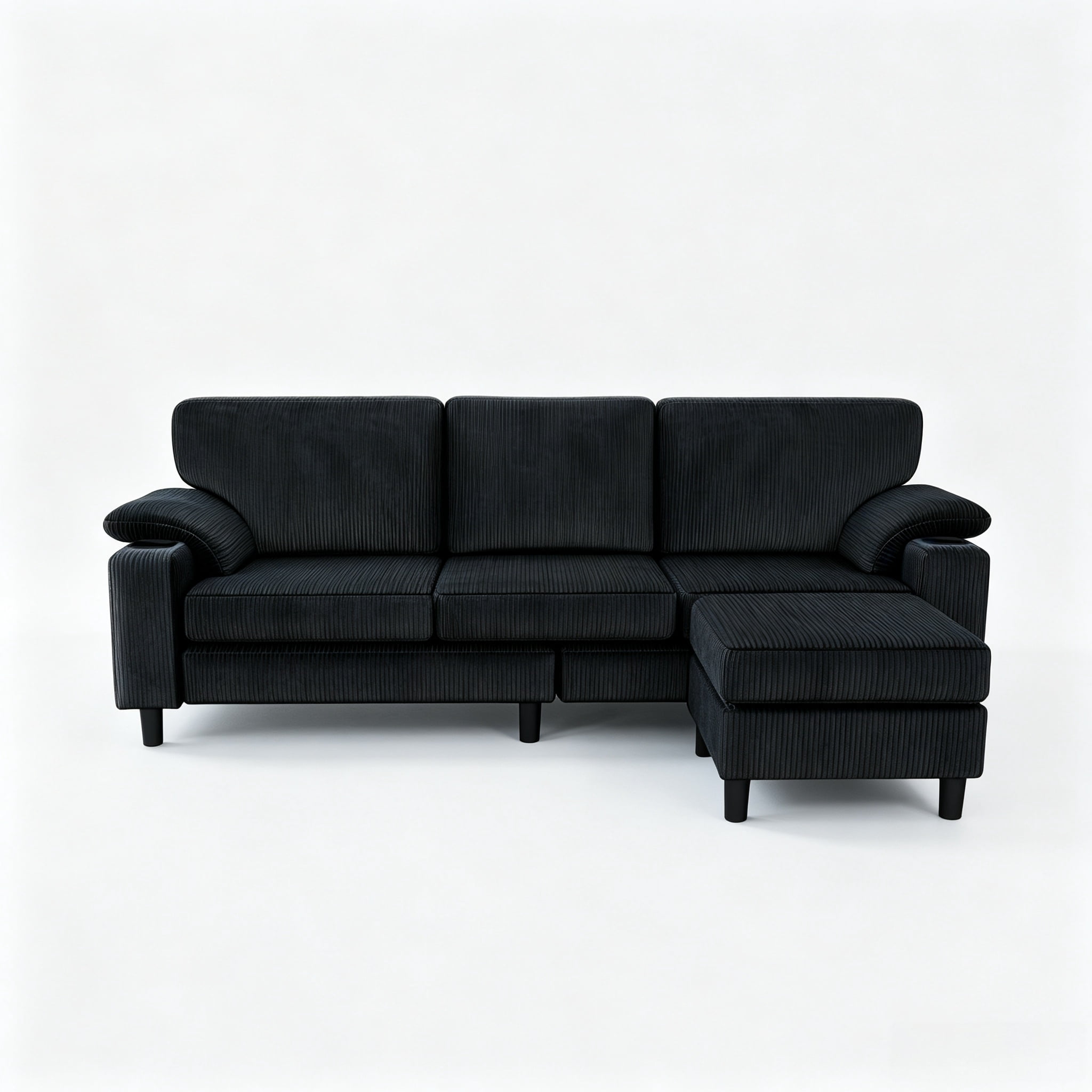 Anpport 80" L‑Shaped Corduroy Sectional Sofa, 3‑Seater Couch with Storage Ottoman, USB Port & Cup Holders for Small Spaces, Black