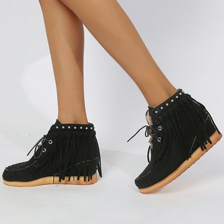

Womens Boots Up Flat Suede Fashion Lace Color Retro Boots Fashion Tassel Boots Women s Solid women s boots Black 8 Boots for Women