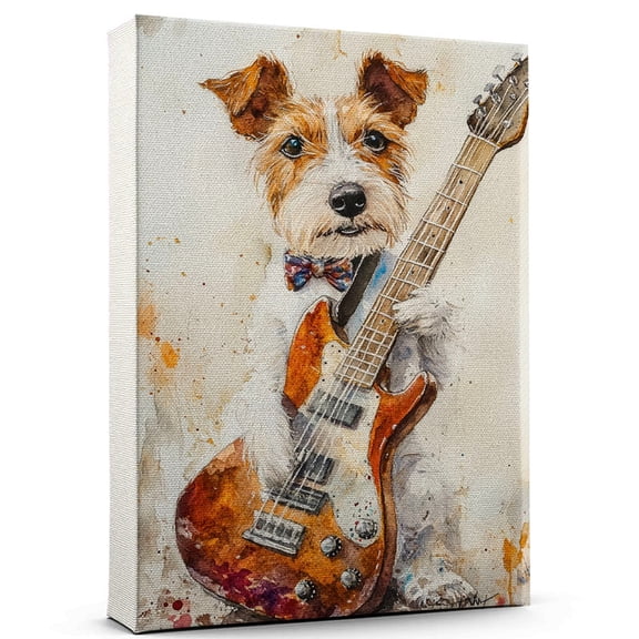 Wire Fox Terrier Dog Stretched Canvas Size 8x12 Bass Guitar Canvas Print of Funny Wire Fox Terrier Dog Wall Art, Bass Guitar Music Wall Decor, Dog Lover