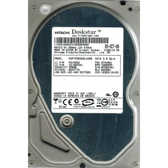 Hitachi HDP725032GLA380 P/N: 0A37772 MLC: BA2983 320GB