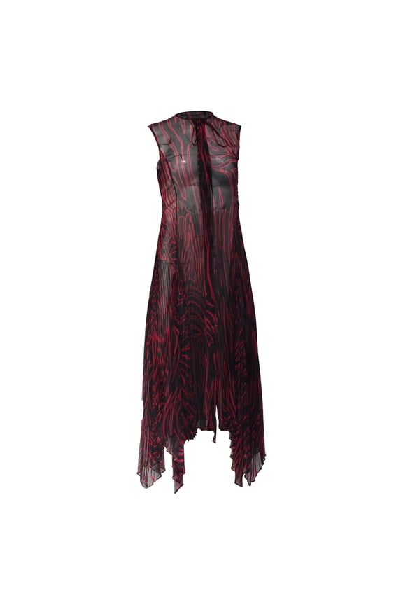 Pre-Owned Versace Zebra-Print Pleated Sheered Midi Dress in Multicolor Polyester