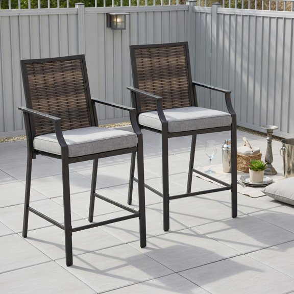 Resenkos Padded Counter-Height Outdoor Seats with Arm and Foot Support, 2-Piece Patio Rattan Bar Stools for Backyard and Poolside, Gray