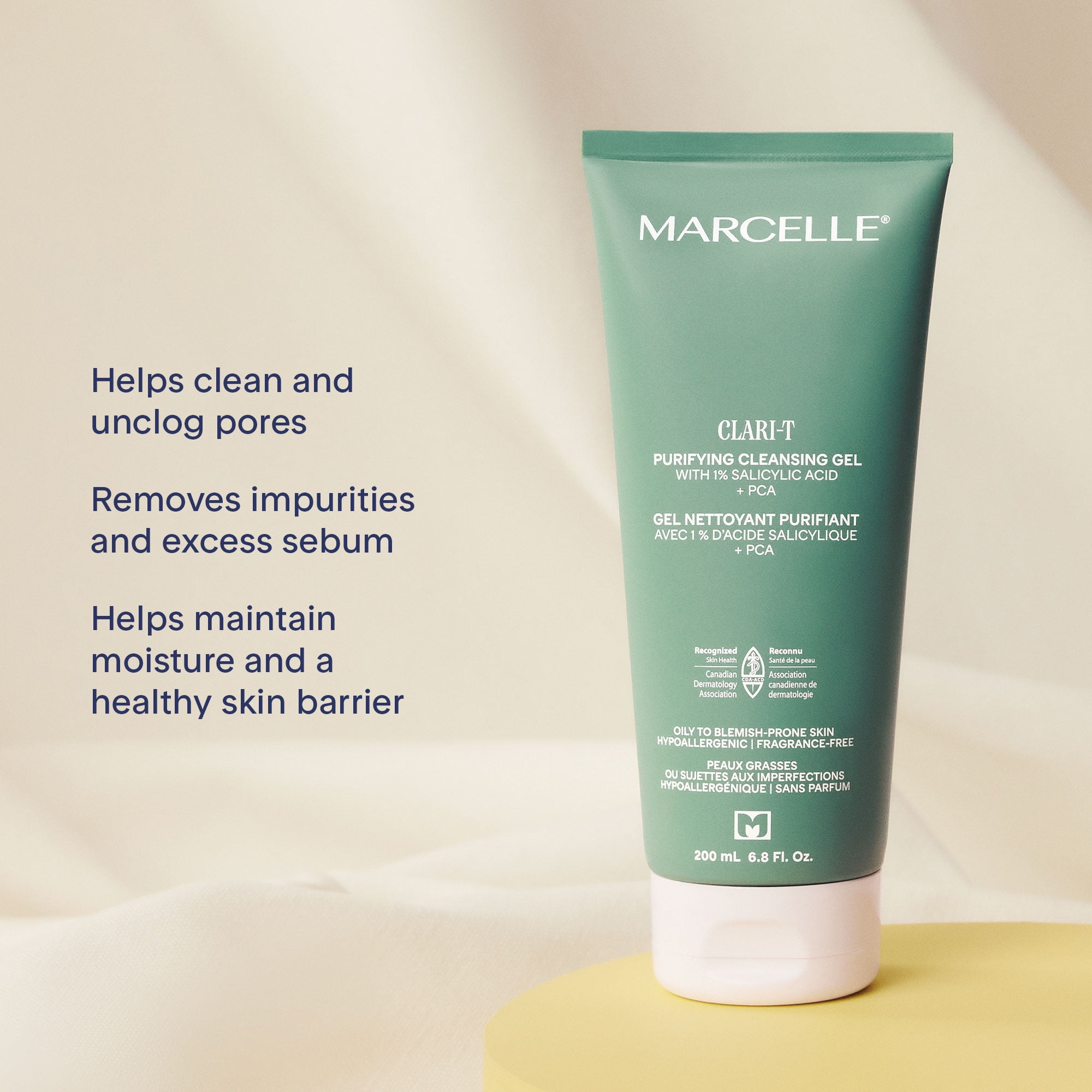 Marcelle Clari-T Gel nettoyant purifiant avec 1 % d'acide salicylique + PCA, 200mL Clarifiant. Exfoliant. Nourrissant.