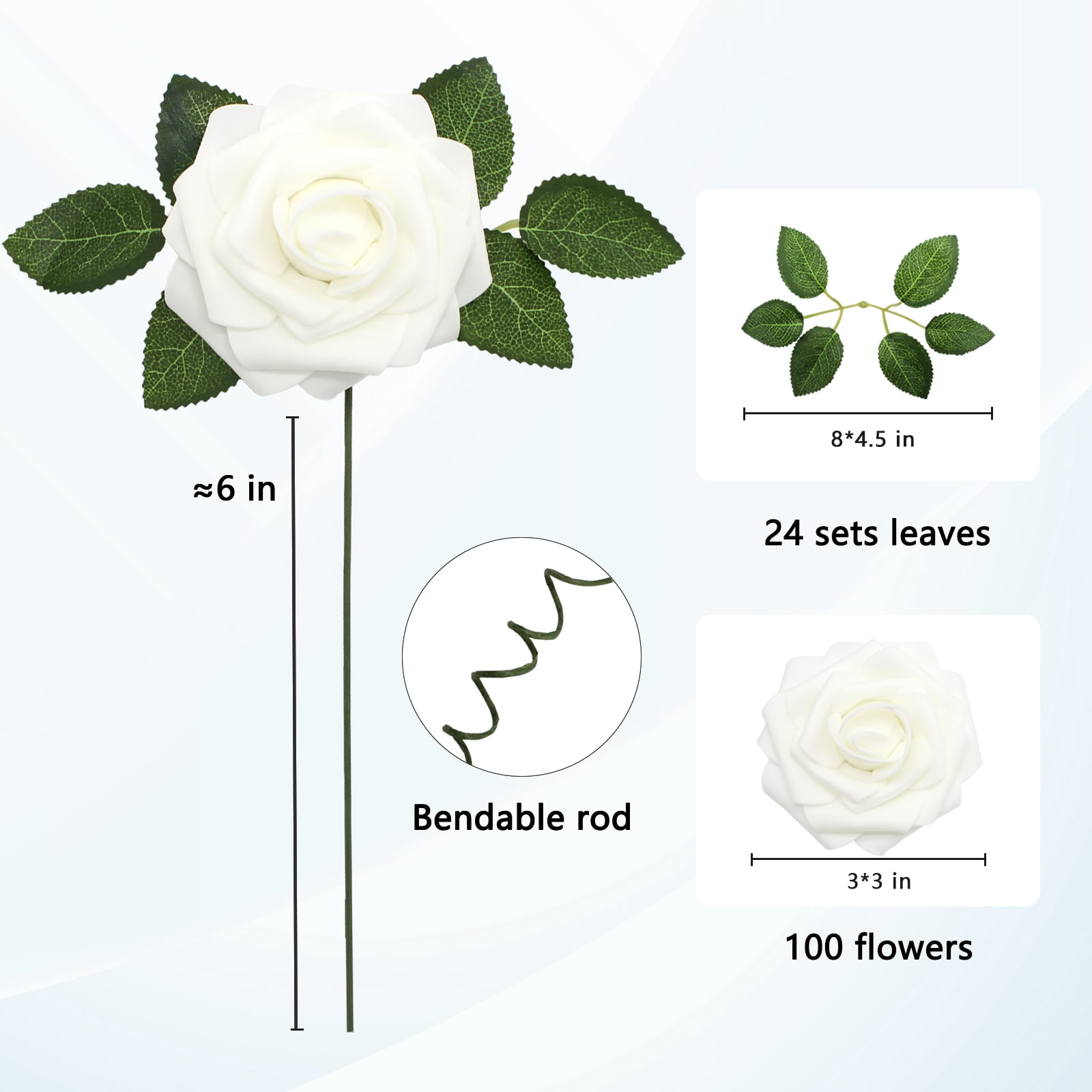 100 PCS White Artificial Flowers Real Looking Faux Foam Fake Roses with Stems for Wedding Decoration Bridal Shower Centerpieces Arrangements Party Tables Decor