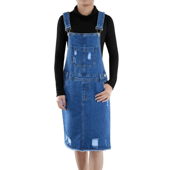 Women Juniors Fashion Adjustable Shoulder Straps Blue Denim Overall Dress