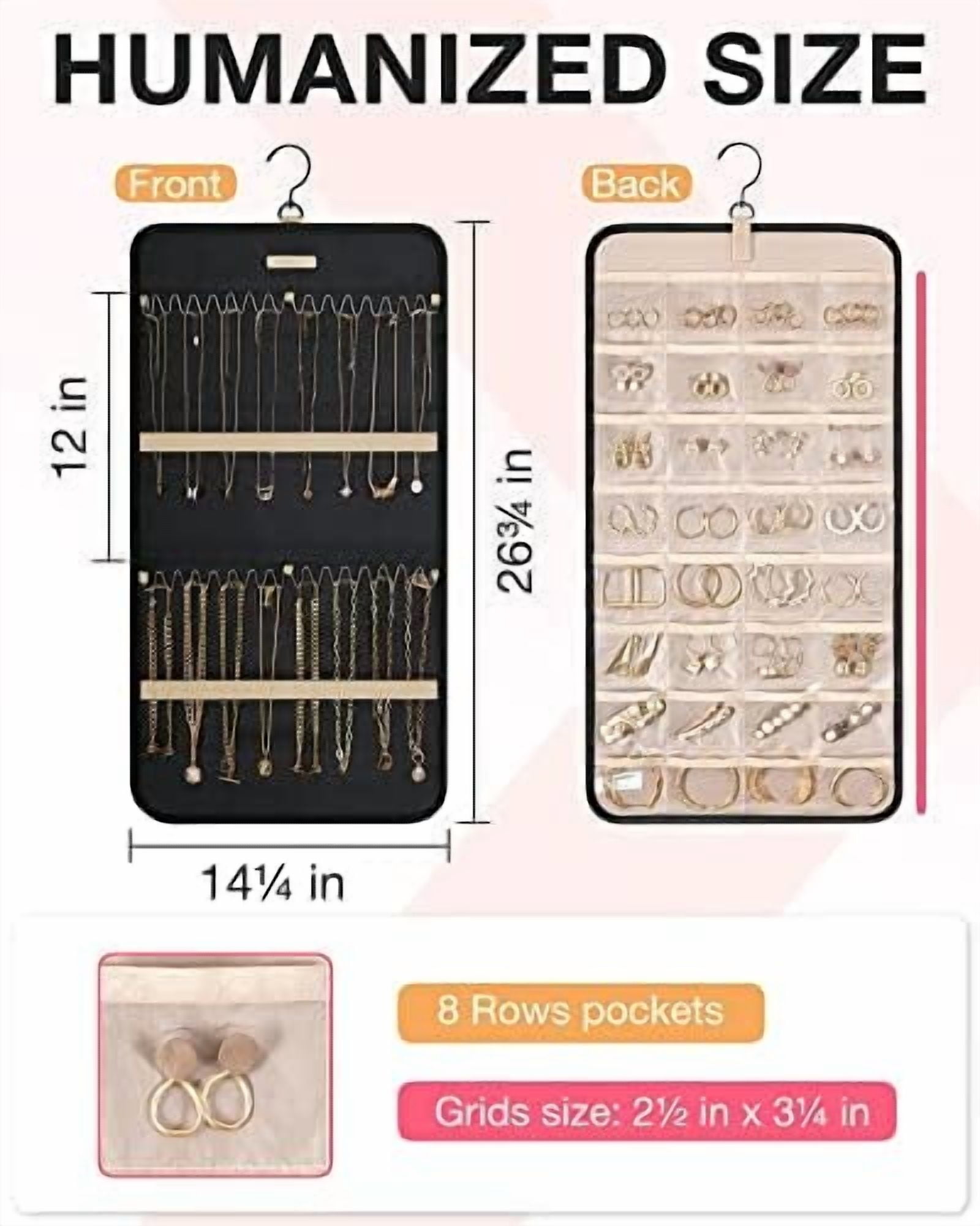 Hanging Jewelry Organizer Storage Roll with Hanger Metal Hooks Double-Sided Jewelry Holder for Earrings, Necklaces, Rings on Closet, Wall, Door, 1 piece, Medium, Black