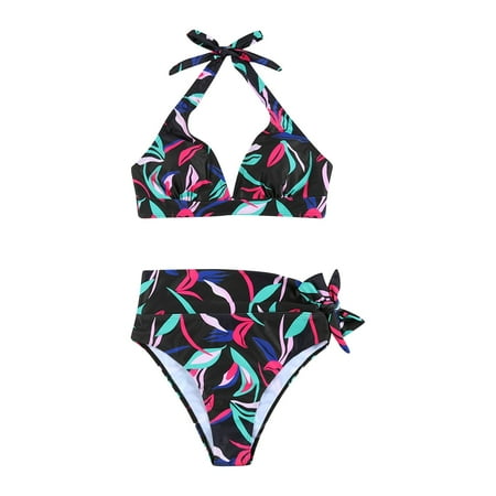 QYZEU Women Swimsuits Bikini Two Piece Bandeau Bikini for Women Women s Personality Fashion Comfortable Vintage Leaf Print Belt Bikini Set for Women Black M