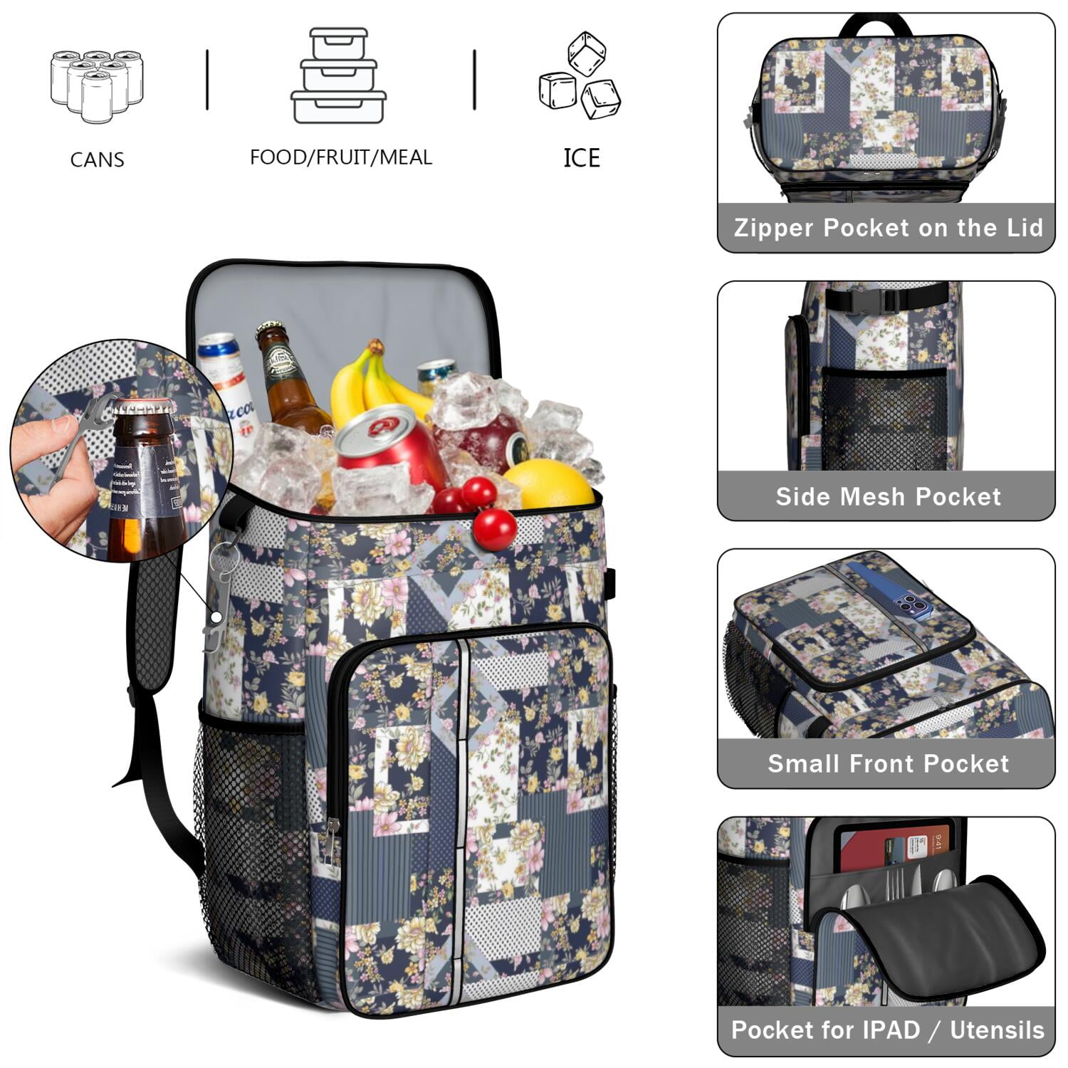 Travel Cooler Bag - Pioneer Flower Camping Beer Cooler Backpack with Bottle Opener- Waterproof Insulated Picnic Backpacks - Cooler Bag for Beach