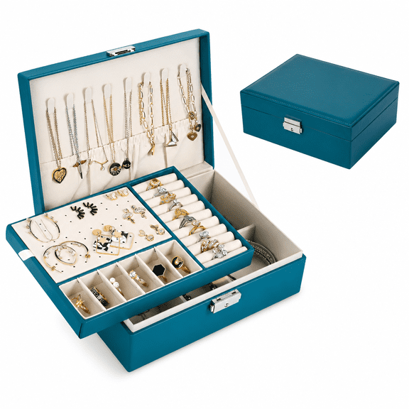 Florenta Jewelry Box for Women, Leather with Lock 2 Layer Portable Jewelry Organizer and Box Storage Case Necklaces Bracelets Rings Earring Holder Green