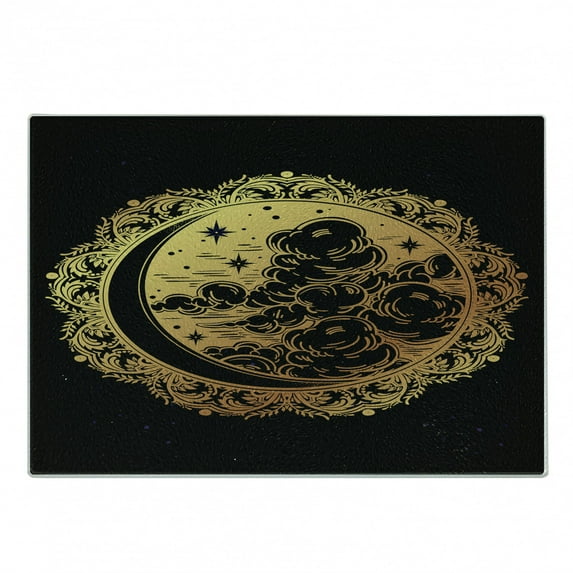 Psychedelic Cutting Board, Occult Medieval Graphic Art, Decorative Tempered Glass Cutting and Serving Board, Small Size, Yellow and Black, by Ambesonne
