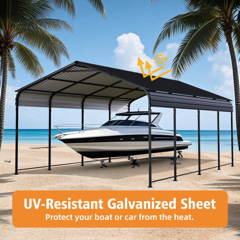 12x20 FT Heavy Duty Metal Carport with Galvanized Steel Roof & Reinforced Base – Outdoor Shelter for Cars, Trucks, Boats – Gray