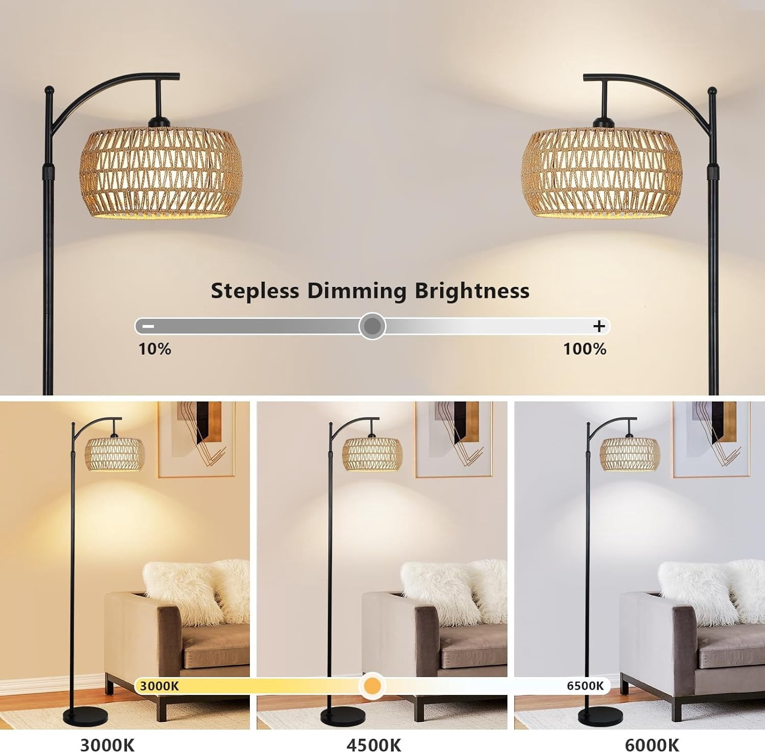 Arc Floor Lamp with Remote Control, Dimmable LED, Rattan & Fabric Shade, Black/Brown