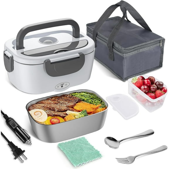 Electric Lunch Box Food Heater, AOKIWO 80W Electric Heating Lunch Boxes for Car/Men/Adults/Home/Work, 1.5L Removable 304 Stainless Steel Container, 110V/12V/24V, with Fork & Spoon