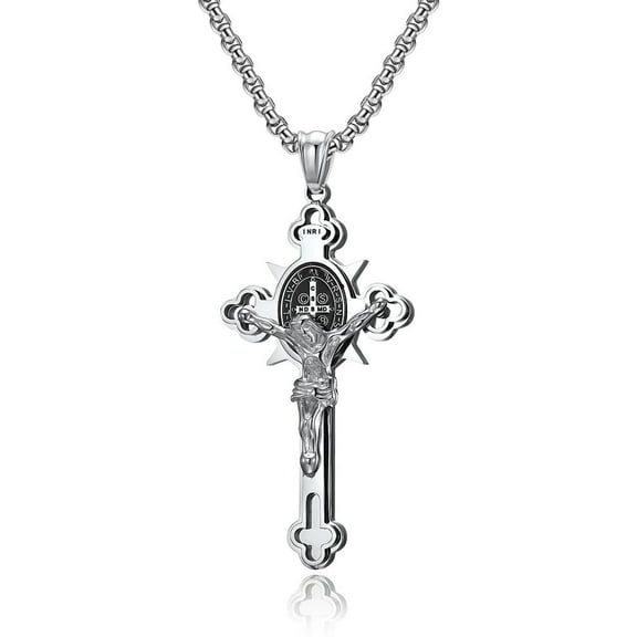 Saint St. Benedict Jesus Cross Pendant 14K White Gold Necklace Christian Amulet Prayer Jewelry for Men and Women