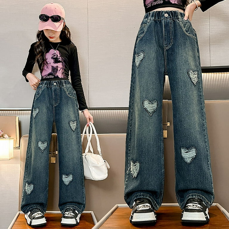 Teen Girls Wide Leg Jeans Baggy Heart Embroidery Elastic