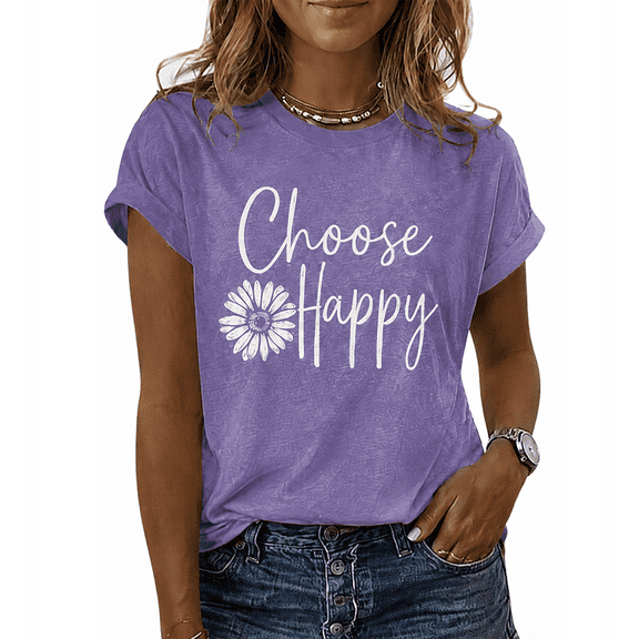 Godmerch Women's Sunflower Choose Happy Crew Neck Loose Relaxed Oversized Fit Graphic Tee 100% Cotton Summer Vacation Beach Shirt