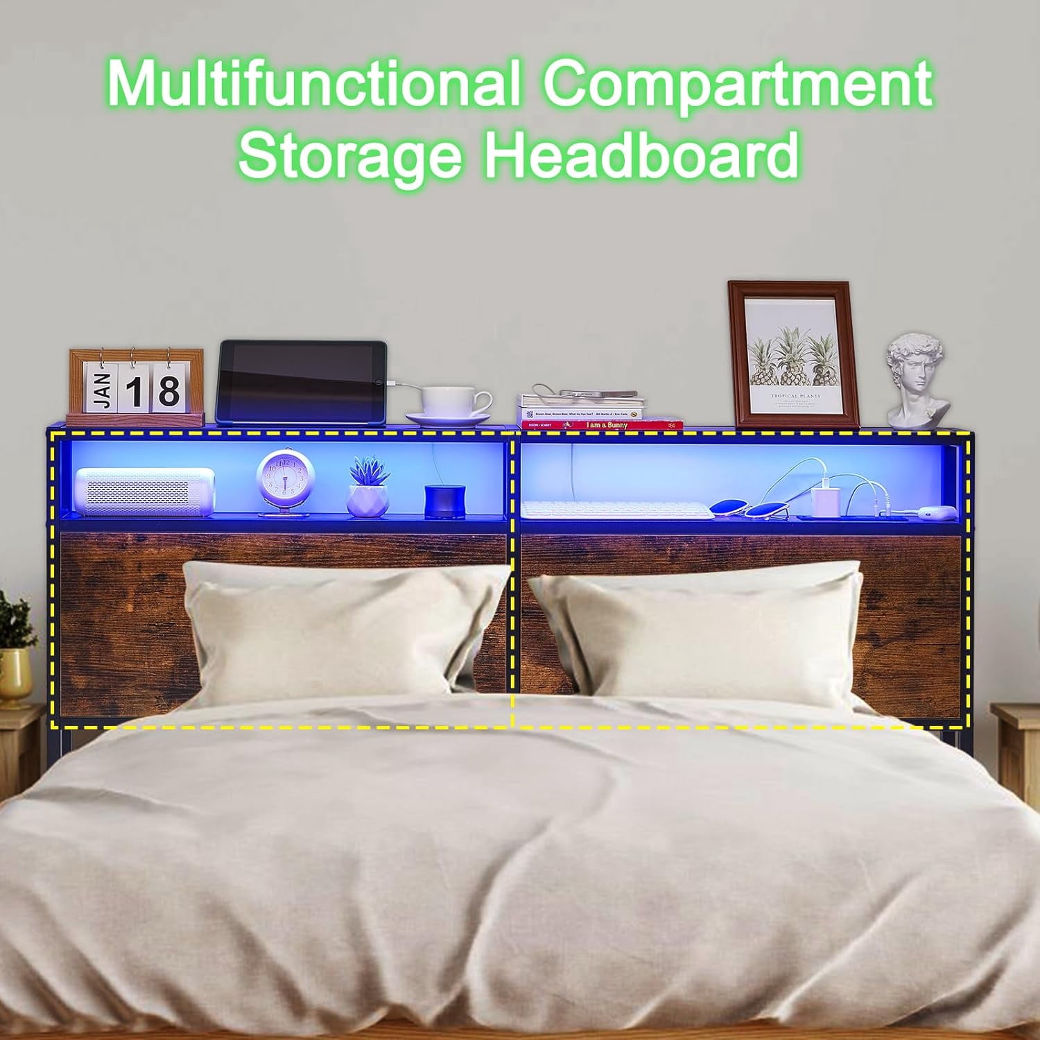 LEZASTAR Queen Adjustable Storage Headboard, Brown