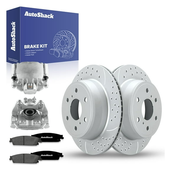 AutoShack Rear Drilled Slotted Brake Rotors Ceramic Brake Pads Calipers | Replacement for Chevrolet Silverado 1500 Tahoe GMC Sierra 1500 Yukon 4WD | Silver Matte Finish | 8-PC Brake Kit | TurboGuard