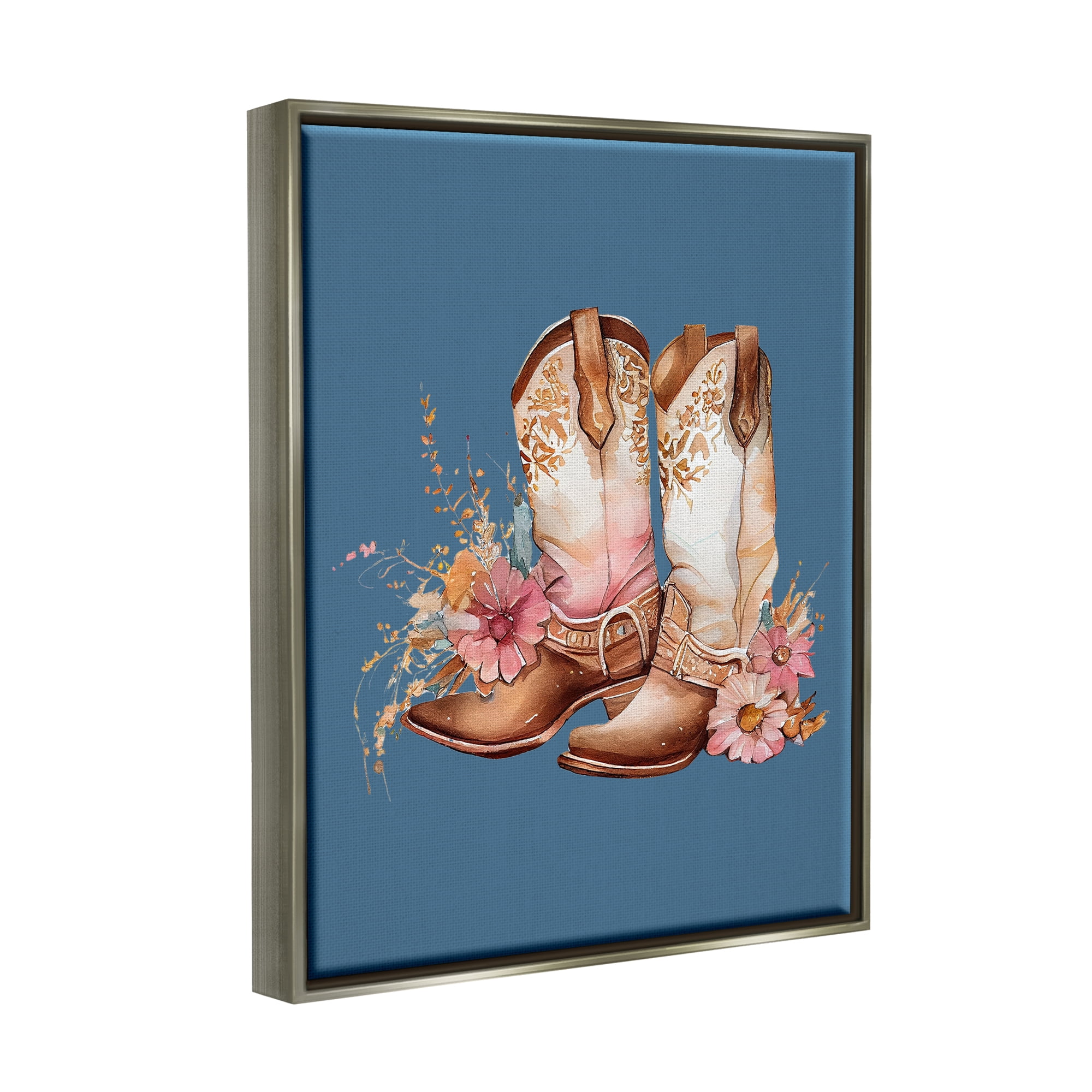 Stupell Industries Floral Cowgirl Boots on Blue Beauty & Fashion Painting Gray Floater Framed Canvas Art Print Wall Art, 25 x 31