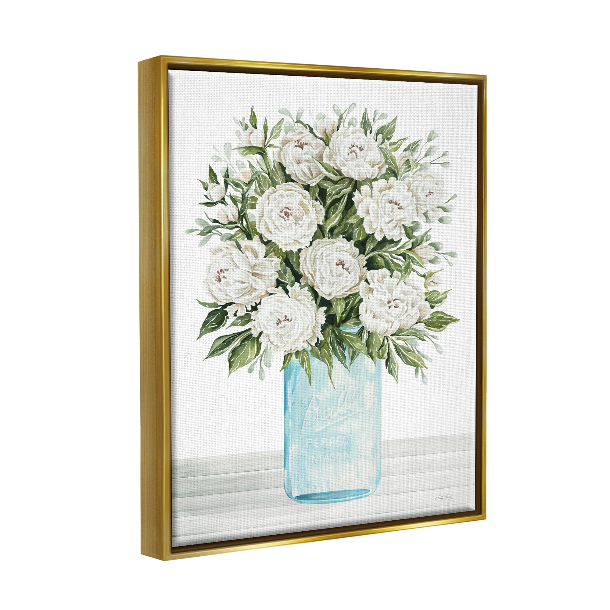 Stupell Industries White Carnations Bouquet Botanical & Floral Painting Gold Floater Framed Canvas Art Print Wall Art, 17 x 21