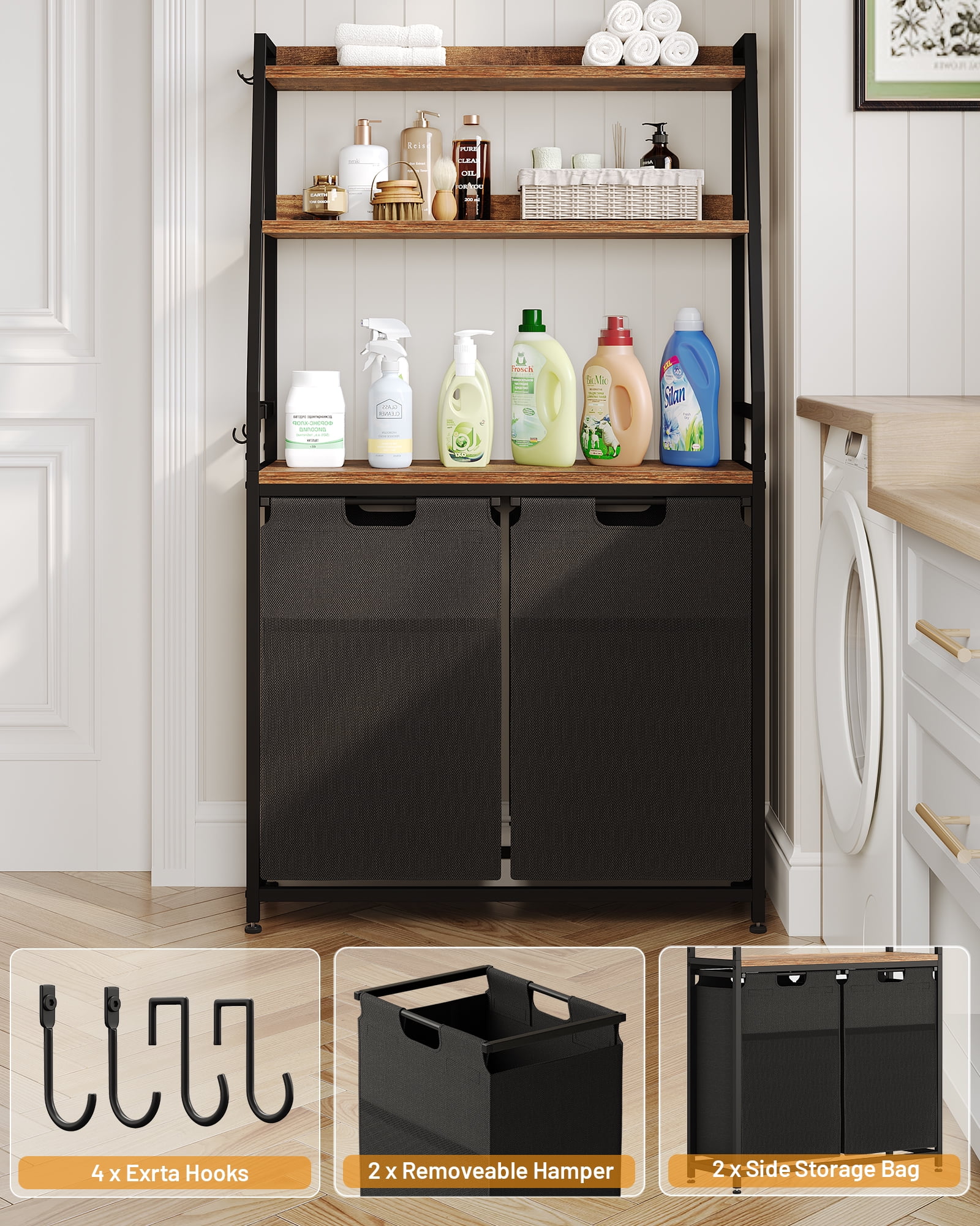 GIKPAL 2 Section Laundry Hamper, 170L Laundry Basket with 3 Shelves Laundry Sorter, Freestanding Laundry Organizer with 4 Hooks & 2 Removable Washable Bags & Side Pockets for Bathroom Dorm