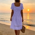thumbnail image 6 of QUNYINEY Midi Plus Size Dresses for Women Cotton Linen Summer Short Sleeve A Line Dress Loose Fit Pleated Square Neck Casual Solid Dresses, 6 of 7