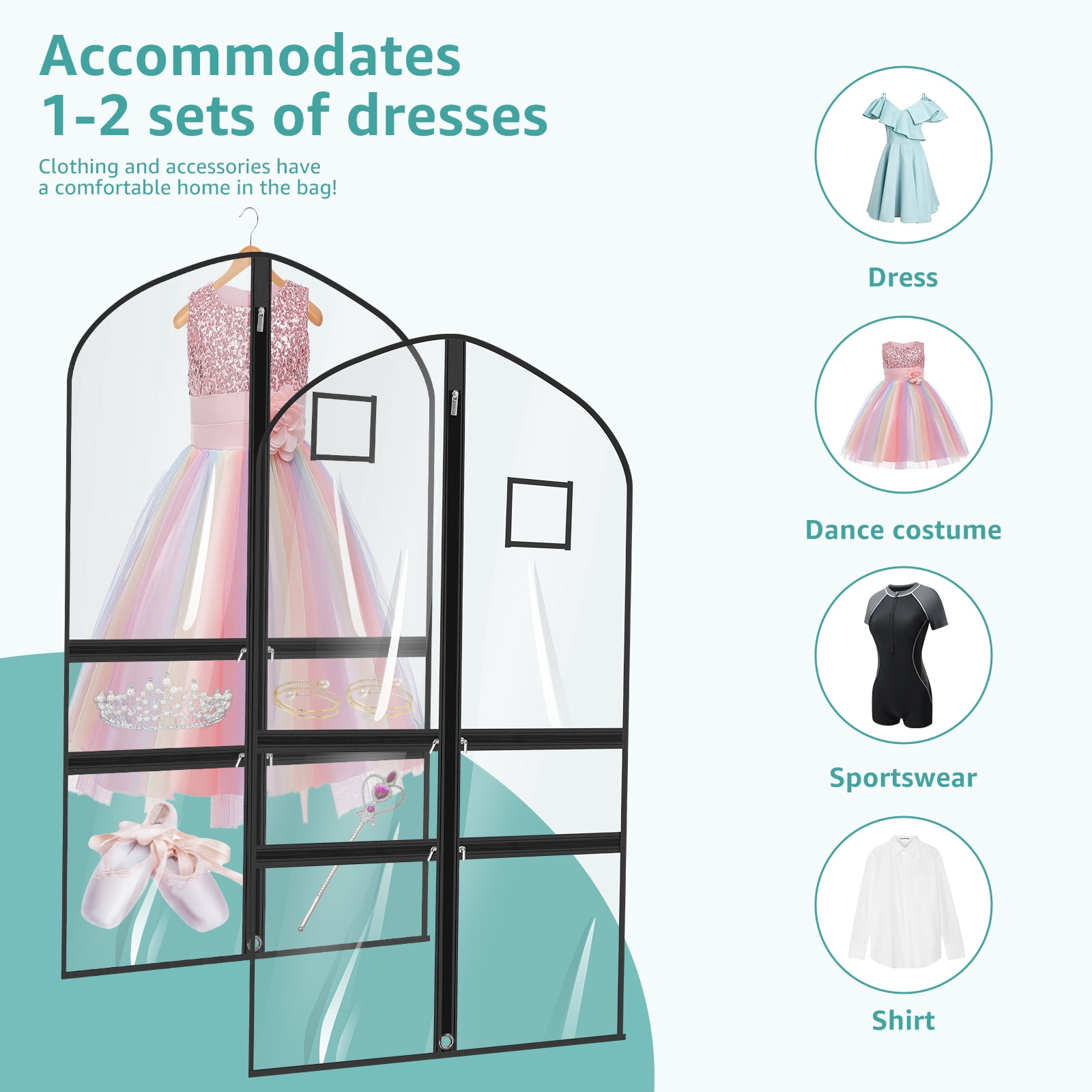 4/8 Pack Dance Garment Bag 40" x 22" PVC Clear Costume Bag for Dancer with 4 Zippered Pocket for Hanging Clothes for Dance Competition Recital Travel and Closet Storage
