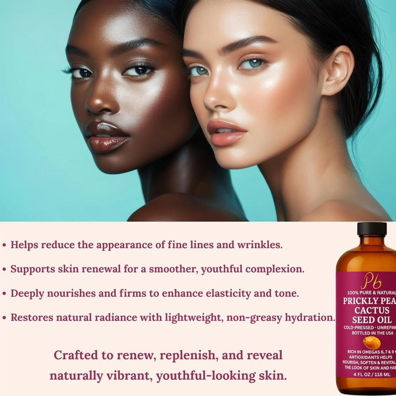 Pomberries Prickly Pear Seed Oil 4 fl oz | 100% Pure Cold-Pressed & Unrefined Prickly Pear Oil for Face, Skin & Hair – Lightweight, Radiance-Enhancing Oil in Glass Bottle