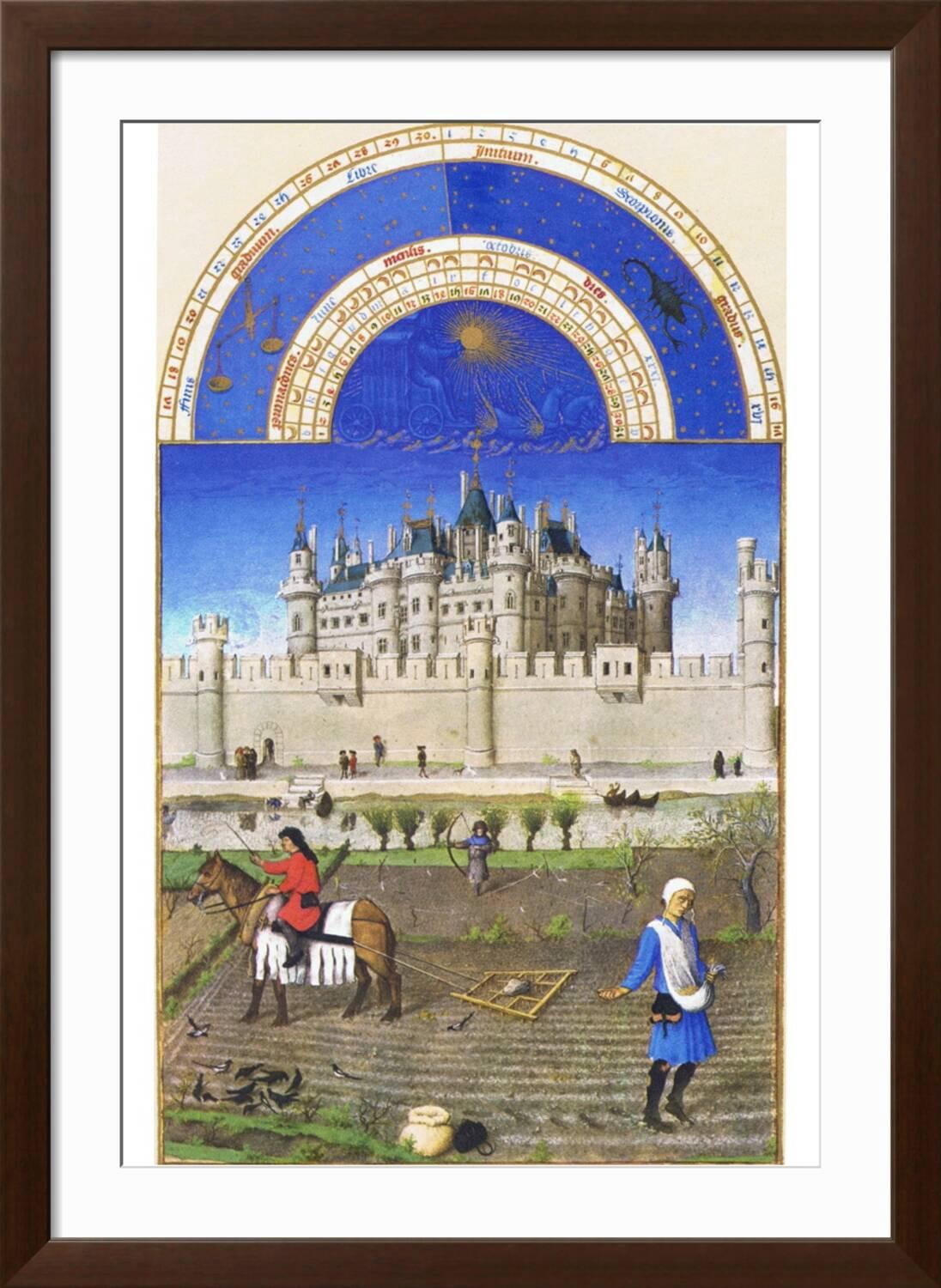 Art.com Le Tres Riches Heures Du Duc De Berry - October Art Print by Paul Herman & Jean Limbourg, Brown Frame Wall Art, 32" x 44"