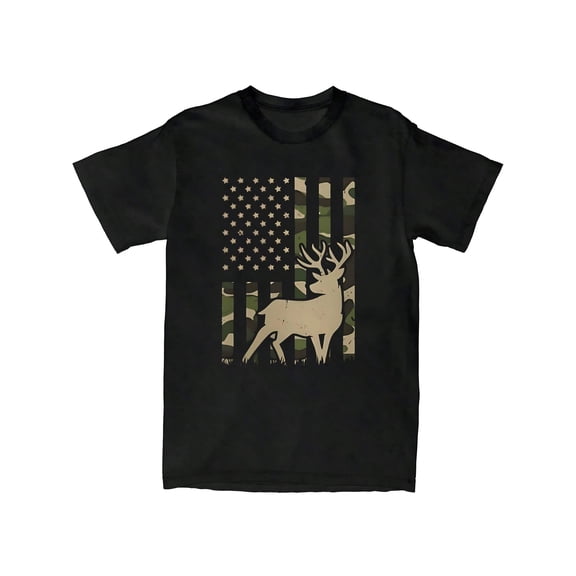 Men's American Flag Deer Hunting Camo Graphic T-Shirt Patriotic Short Sleeve Tee