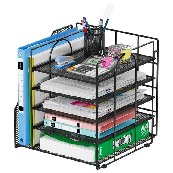 Mintazer Desk Organizer with File Holder, 5-Tier Paper Letter Tray Organizer Mesh Desktop File Organizer Magazine Holder for Home School Office Supplies, Black