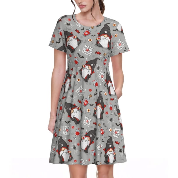 Balery Halloween Gnome Vestidos sueltos de manga corta para mujer, vestidos de verano 2025, vestidos casuales de corte A con vuelo.