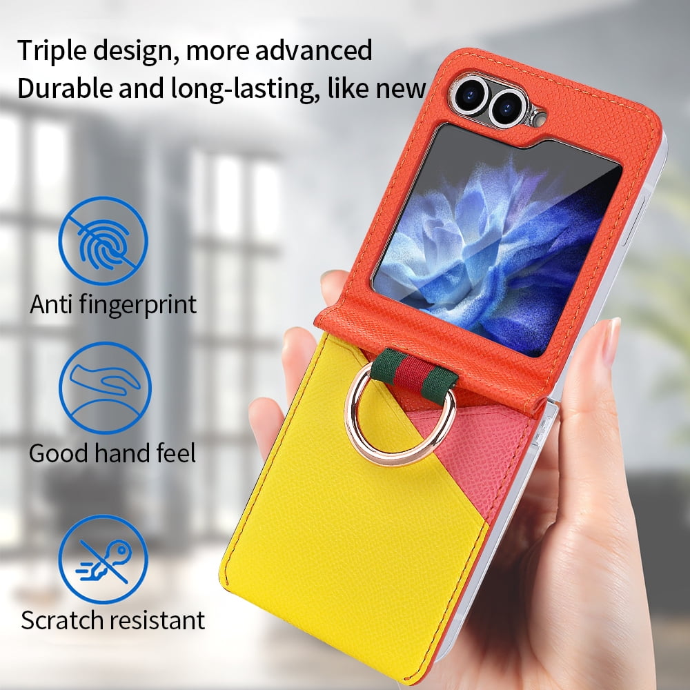 Fashion contrast color leather phone case for Samsung Galaxy Z flip 6 5 4 3 flip6 flip5 ring holder card slot folding cover