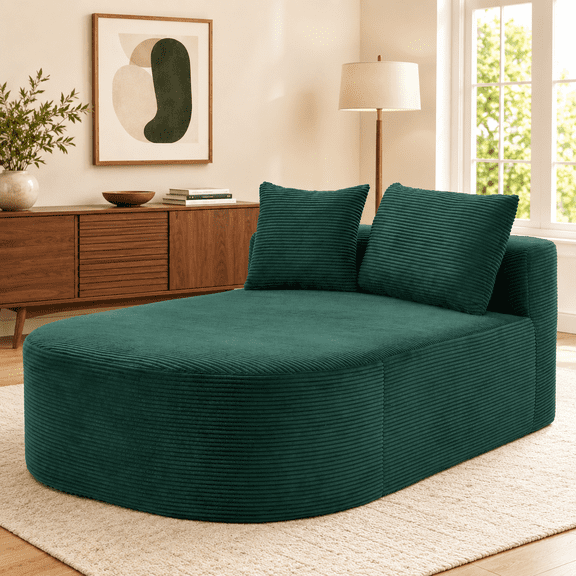 UHOMEPRO Oversized Chaise Lounge Sofa, Corduroy Chaise Lounge Chair with 46 Inch Wide Seat, Deep Seat Boneless Couch Floor Sofa Bed with 2 Pillows, No Assembly, Green