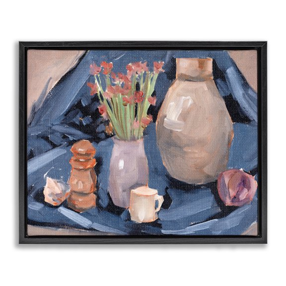 Stupell Industries Classic Still Life Scene Plants & Flowers Painting Black Floater Framed Canvas Art Print Wall Art, 21 x 17