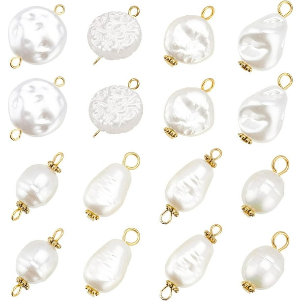 80 conectores para colgantes de perlas, 8 estilos de eslabones irregulares para cuentas de perlas, colgantes de perlas de plástico blanco, eslabones acrílicos para perlas con pasadores dorados.