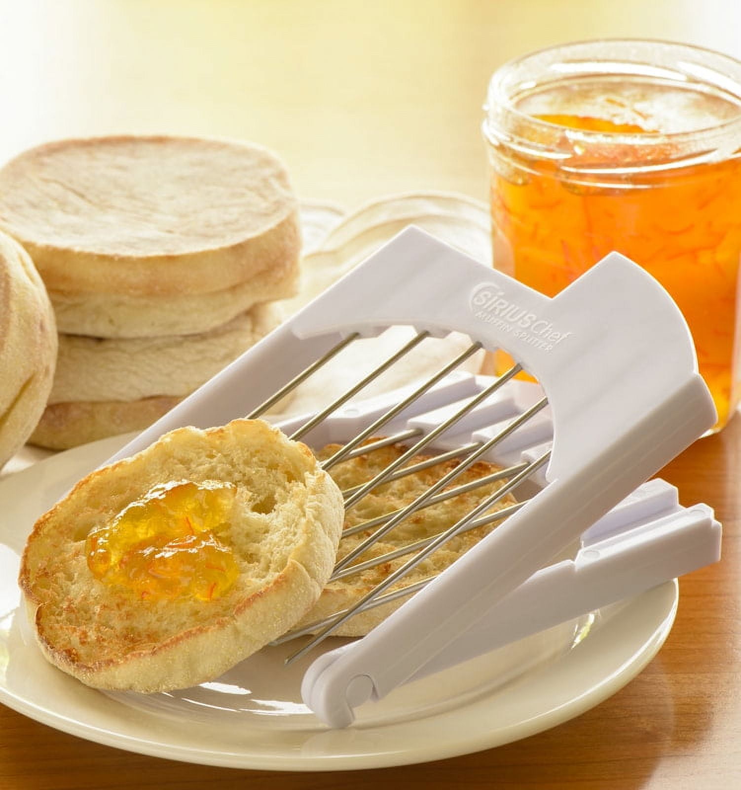 English Muffin Splitter by Sirius Chef - White handles with stainless steel  tines - Crumpet, Muffin and Biscuit Splitter