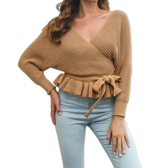 SGMVNU Women's Fall 2025 Wrap V Neck Long Batwing Sleeve Belted Waist Ruffle Knitted Sweater Pullover Top Fashion Fall Outfit Yellow, Size S