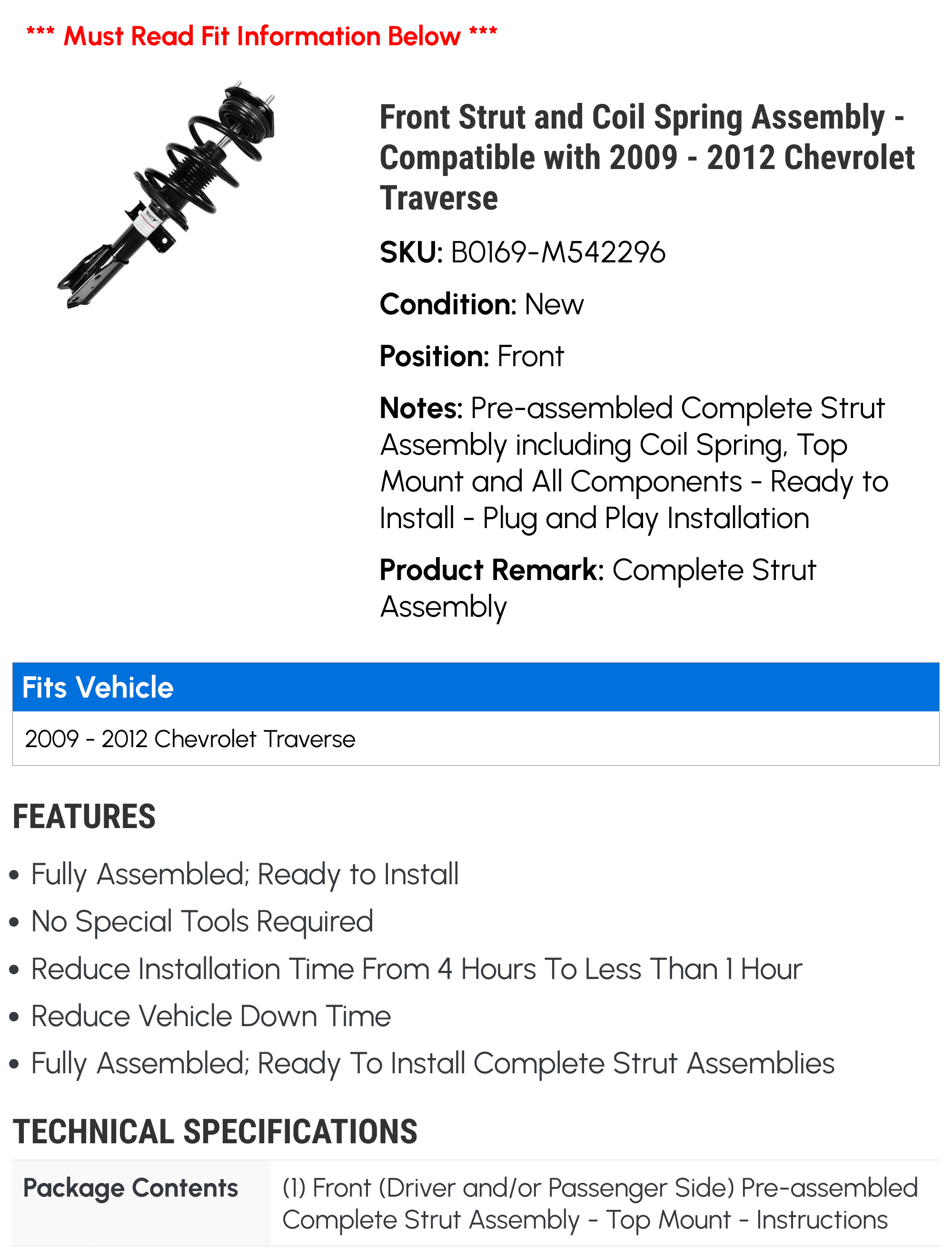 Front Strut and Coil Spring Assembly - Compatible with 2009 - 2012 Chevy Traverse 2010 2011
